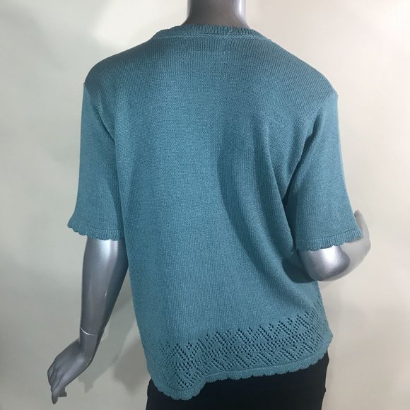 Alfred Dunner Women's Medium Teal Blue Knit Short Sleeve Sweater Crew Neck Scall - Picture 9 of 12